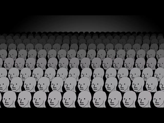 Rows of NPC figures watching the same screen